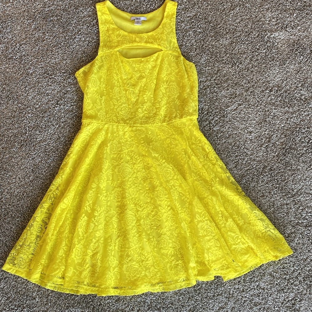 Bar III Bright Yellow Lace Racerback Front Cutout Knee Length Dress, Women’s L